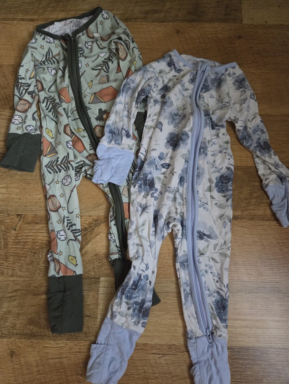 Caden Lane Zipper Convertible Romper Pair - Camping & Blue Floral Patterns